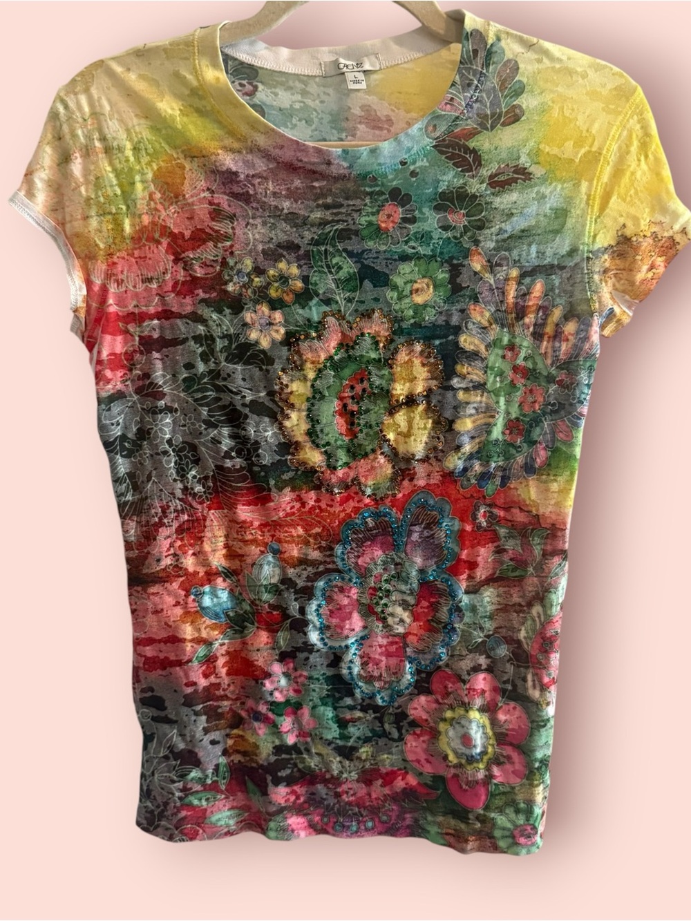 Cache Embellished Floral Tee Large Multicolor Rhinestone Boho Top